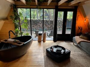 De woonkamer van het Punthuisje met een ligbad in de woonkamer