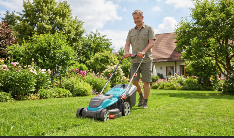 Man die gras maait met een elektrische grasmaaier