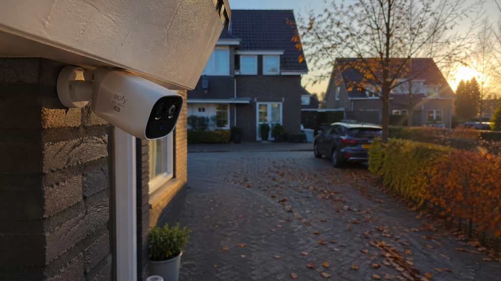 Moderne beveiligingscamera onder dakgoot gericht op oprit van Nederlands huis, herfstsfeer.