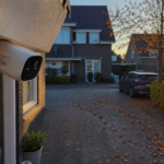 Moderne beveiligingscamera onder dakgoot gericht op oprit van Nederlands huis, herfstsfeer.