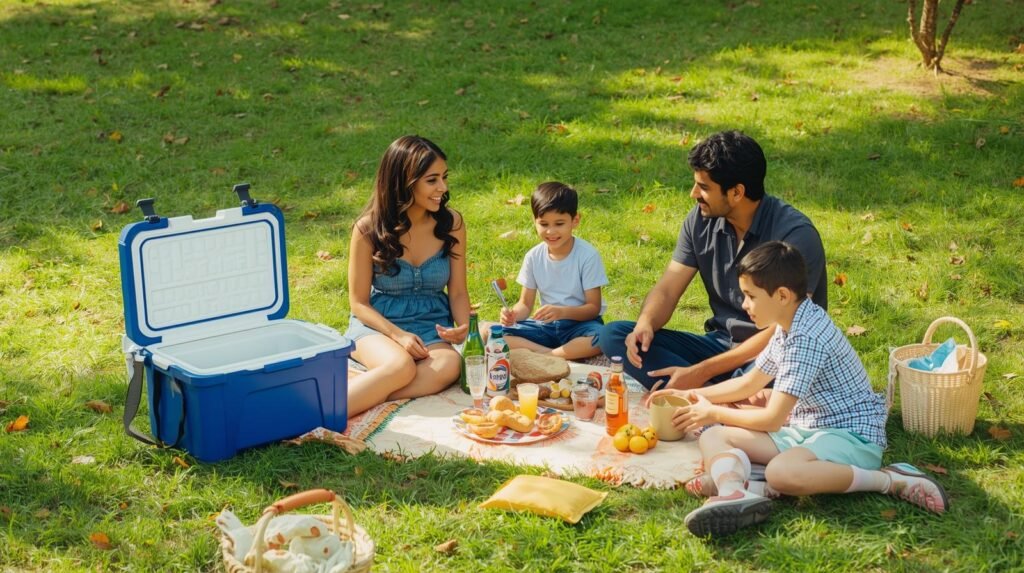 Een gezin, moeder, vader, zoon en dochter hebben op een mooie zomerse dag op het gras een picknick. Om het eten en drinken koel te houden hebben ze een koelbox.