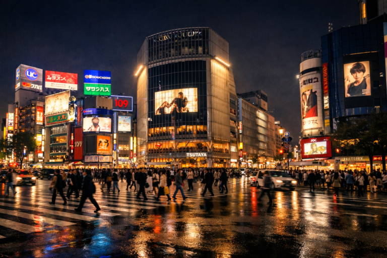 Uitzicht over Shibuya Crossing in Tokyo met neonlichten en druk verkeer.