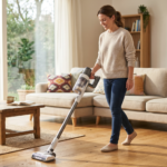 Een glimlachende vrouw in een lichte woonkamer maakt plezier met een draadloze steelstofzuiger op een houten vloer.