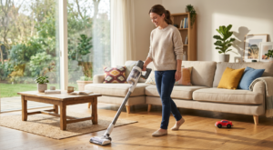 Een glimlachende vrouw in een lichte woonkamer maakt plezier met een draadloze steelstofzuiger op een houten vloer.