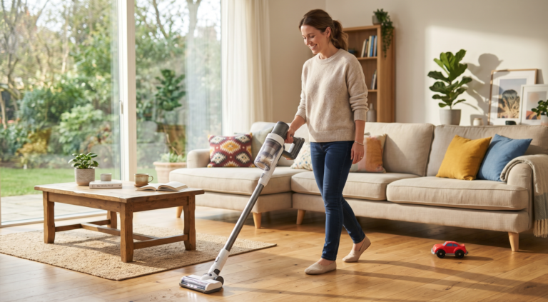 Een glimlachende vrouw in een lichte woonkamer maakt plezier met een draadloze steelstofzuiger op een houten vloer.
