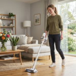 Een glimlachende vrouw gebruikt een steelstofzuiger met dweilfunctie op een houten vloer in een lichte woonkamer
