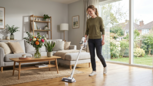 Een glimlachende vrouw gebruikt een steelstofzuiger met dweilfunctie op een houten vloer in een lichte woonkamer