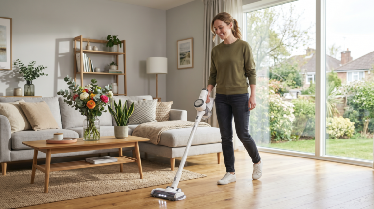 Een glimlachende vrouw gebruikt een steelstofzuiger met dweilfunctie op een houten vloer in een lichte woonkamer