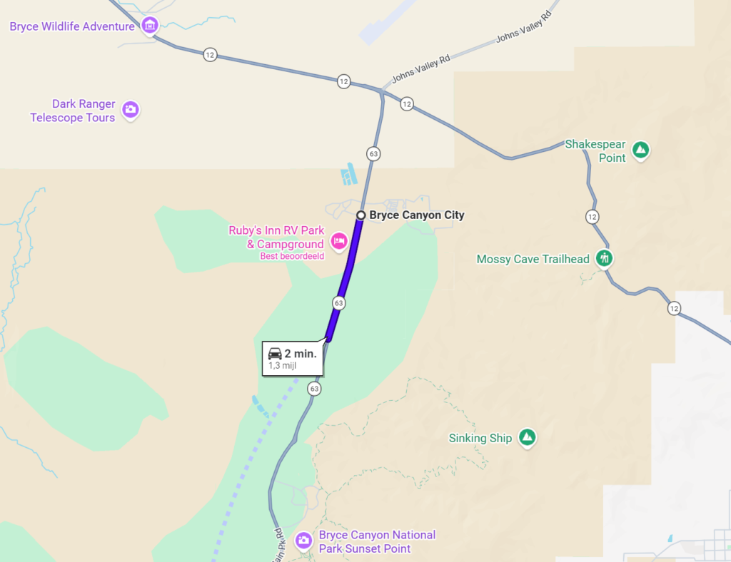 Een afbeelding van Google Maps van Bryce Canyon City naar Bryce Canyon