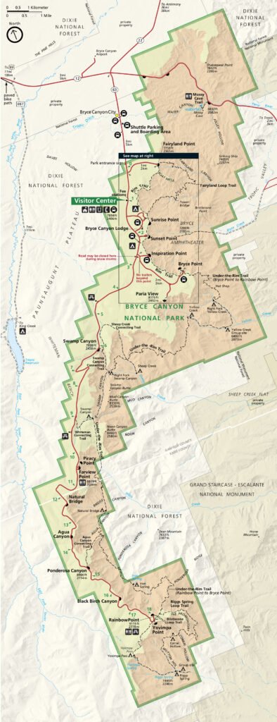 De kaart van Bryce Canyon met alle uitzichtpunten