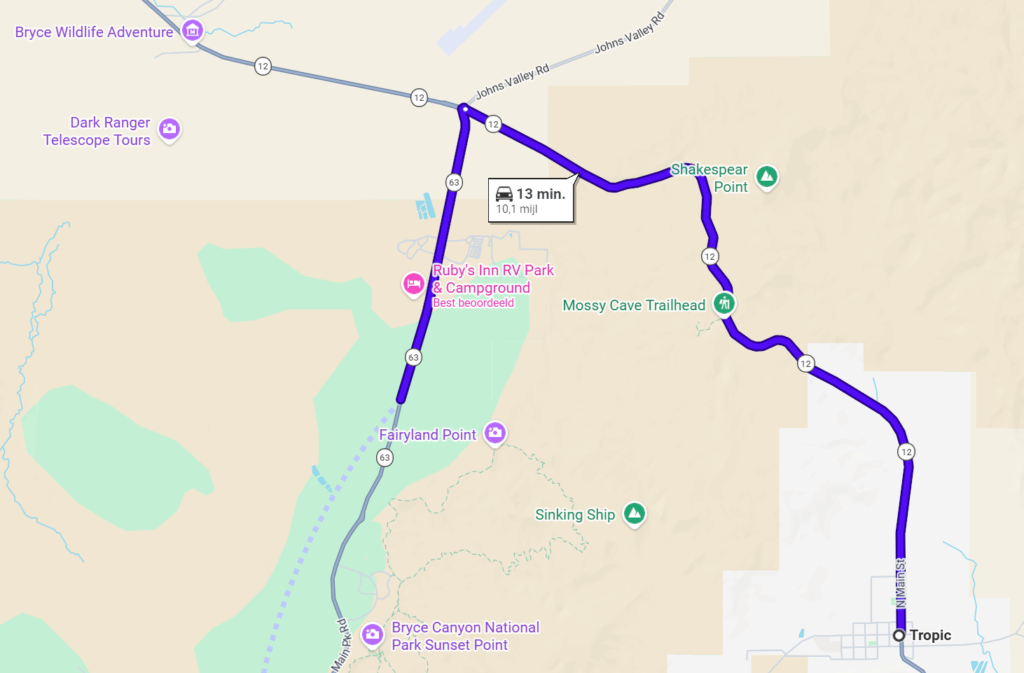 Een afbeelding van Google Maps van Tropic naar Bryce Canyon