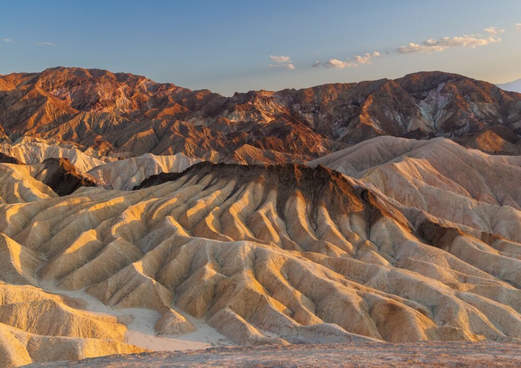 Uitzicht over de geërodeerde badlands van Zabriskie Point in Death Valley National Park: golvende, goudgele en bruine heuvels met diepe geulen onder een heldere woestijnhemel.