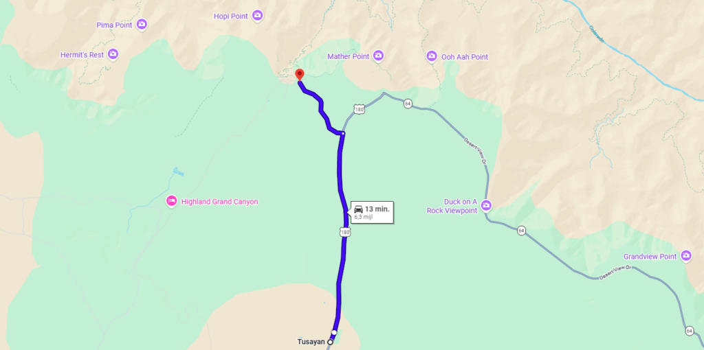 Google Maps kaart van Tusayan naar Grand Canyon