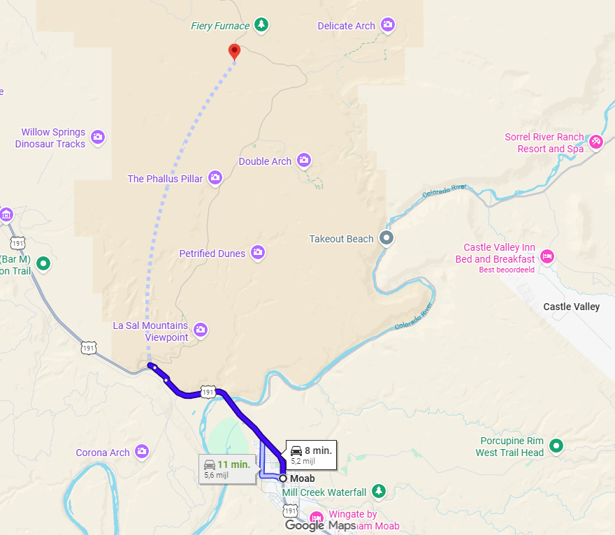 Google Map van Moab naar Arches National Park