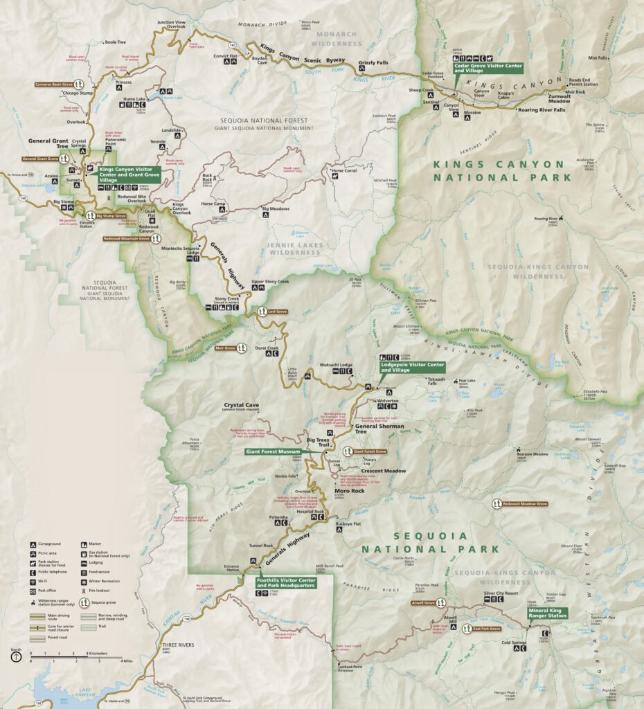 Kaart van Sequoia National Park en Kings Canyon